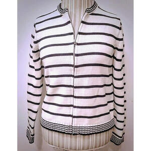 Vintage 90s Off White Black Short Zip Cardigan Cotton Sweater Jacket Womens Sz M